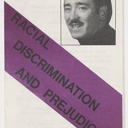 Cover of leaflet "Racial Discrimination and Prejudice" with man's face pictured.