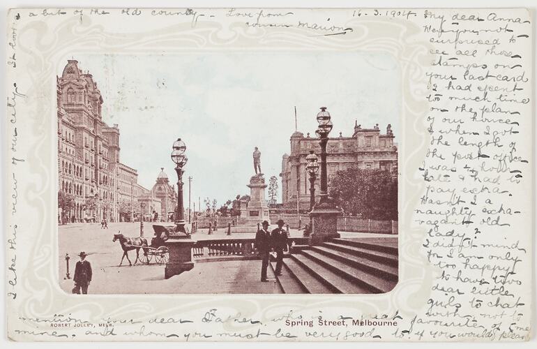 Postcard - Spring Street, Melbourne, To Anna Scott from Marion Flinn, Melbourne, 16 Mar 1904