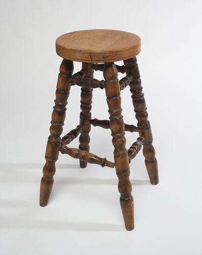 Stool - Wooden, Four Turned Legs, Adolph Bruhn & Son, South Melbourne, Victoria, circa 1970s-1980s