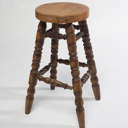 Stool - Wooden, Four Turned Legs, Adolph Bruhn & Son, South Melbourne, Victoria, circa 1970s-1980s