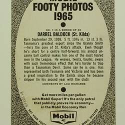 Football Card - Darrel Baldock, St Kilda, Mobil VFL Football Photos Series, 1965