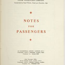 Booklet - 'Notes For Passengers', P&O Lines