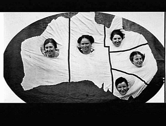 [One head for each State (except Tasmania), Merrigum, near Shepparton, 1910s or 1920s. This banner was probably used in a concert.]