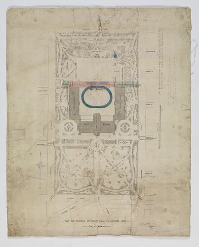 White page with black printed aerial map of building and gardens.