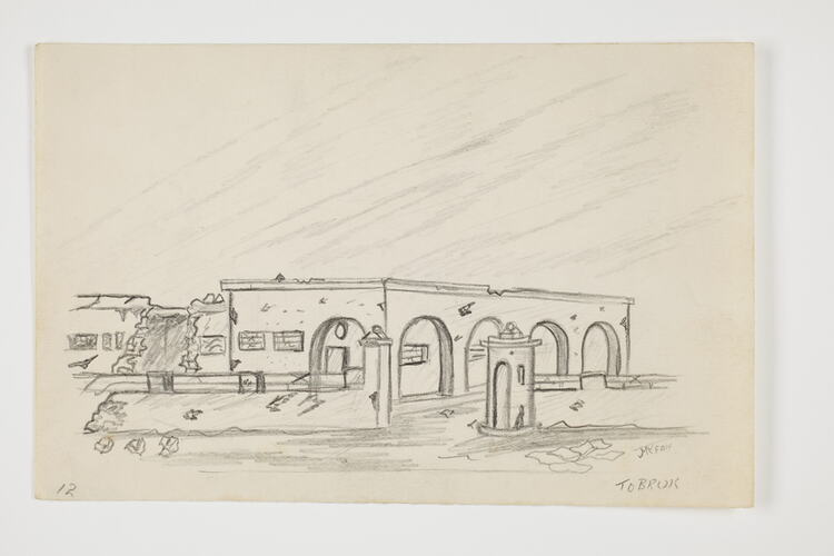 Drawing of a damaged building on off-white paper.