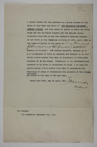 Letter - H. V. McKay, to Braybrook Implement Co., Tender for Plant & Works, 30 Apr 1904