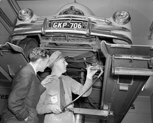 Motor Mechanic and Man with Car, Melbourne, Victoria, Jul 1958