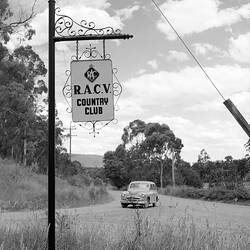 Negative - Royal Automobile Club of Victoria, Country Club Road Sign, Healesville, Victoria, 1956
