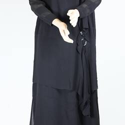 Sheer black full-length long-sleeved evening dress.