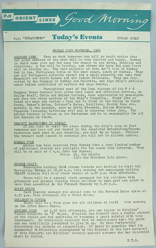 Information Sheet - P&O SS Stratheden, 'Today's Events', Indian Ocean, 24 Nov 1961