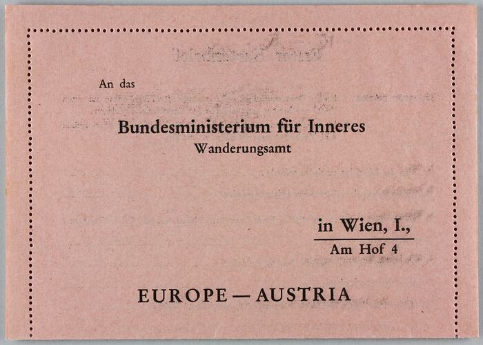 Form - 'Erster Kartenbrief', Federal Ministry for Interior, Austria, circa 1959