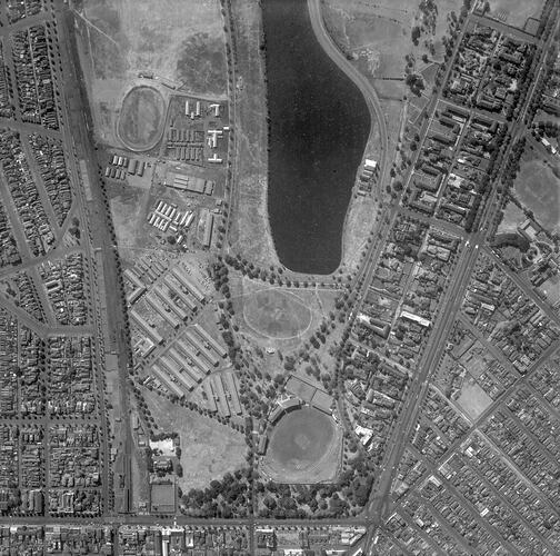 Negative - Aerial View of Albert Park Lake, Victoria, 28 Feb 1956
