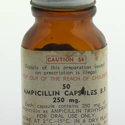 Penicillin Bottle - Ampicillin Capsules BP, 250 mg, 1970