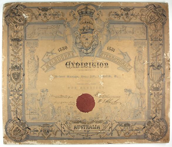 Certificate - Awarded to Robert Knaggs, Esq., J.P., M.R.C.S., E., Silver Medal for Services, Melbourne International Exhibition, 1880-81