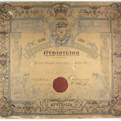 Certificate - Awarded to Robert Knaggs, Esq., J.P., M.R.C.S., E., Silver Medal for Services, Melbourne International Exhibition, 1880-81