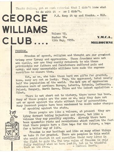 Leaflet - George Williams Club, May 1959