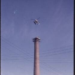 Slide - Helicopter Lifts Lid from Kodak Factory Chimney, Kodak Australasia Pty Ltd, Coburg, circa 1974