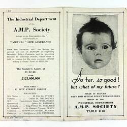 Pamphlet with table of text and baby portrait