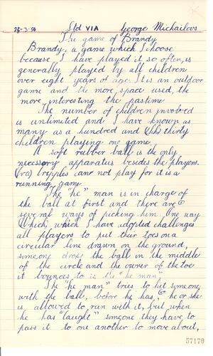 Handwritten game description in blue pencil on lined paper