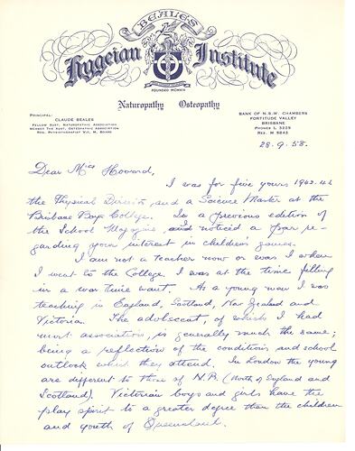 First page of a four page, handwritten letter in blue ink on paper