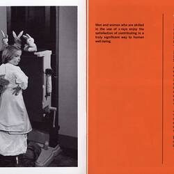 Brochure pages with photograph of woman x-raying child.