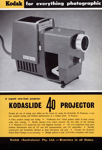 Printed page with text and photograph of projector.