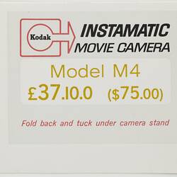 Price Ticket - Kodak, 'Kodak Instamatic Movie Camera, Model M4', circa 1960s