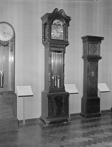 Long case clock display in Barry Hall, Science Museum, Melbourne, 1980s