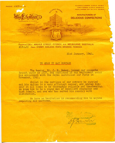 Front of typed letter on printed yellow letterhead paper.