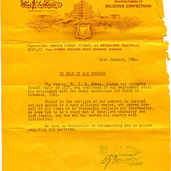 Front of typed letter on printed yellow letterhead paper.