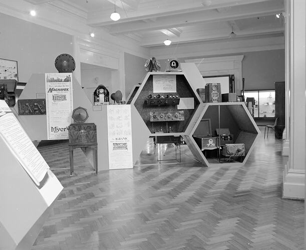 Radio and television displays in McArthur Hall, Science Museum, Melbourne, 1976