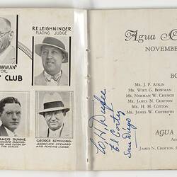 Open booklet, worn white pages. Portraits of men on left and text on right.