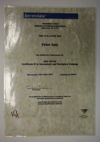 Certificate - Berendale, 'Certificate IV in Assessment and Workplace Training', Peter Auty, Flowerdale, 2005