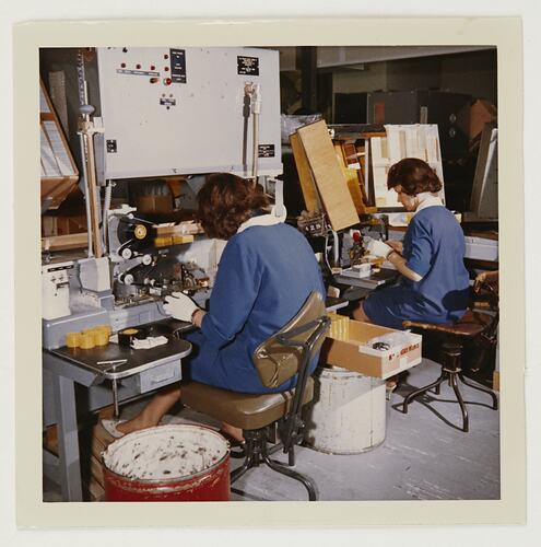 Slide 235, 'Extra Prints of Coburg Lecture', Workers at Rapid Slide Mounting Machine, Building 20, Kodak Factory, Coburg, circa 1960s