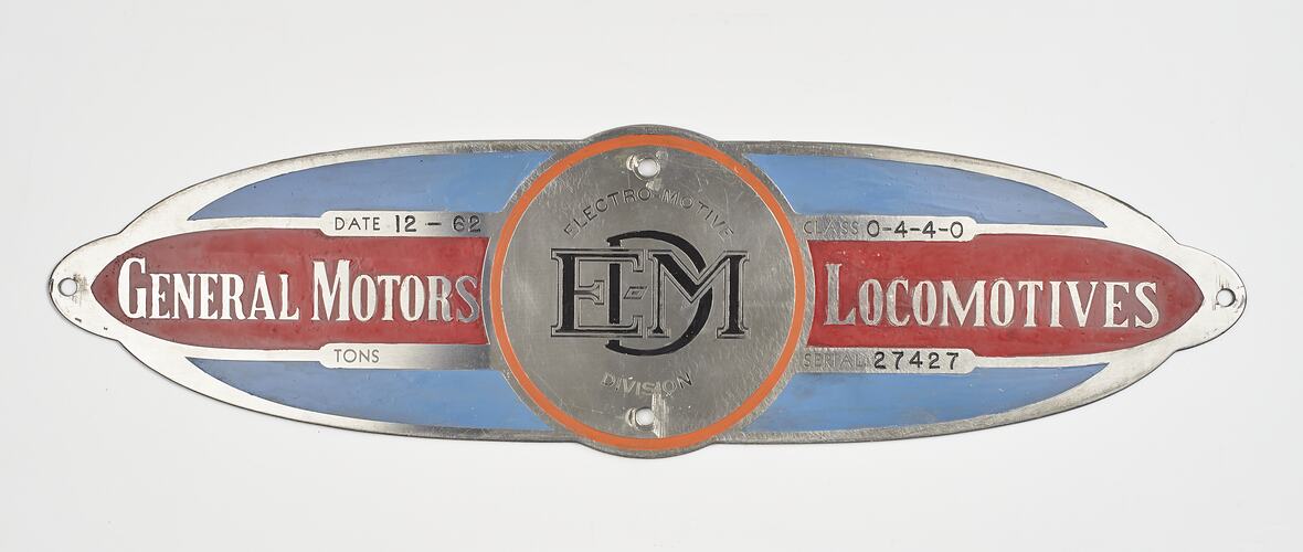 Locomotive Builders Plate - General Motors, Electro-Motive Division, Illinois, USA, 1962