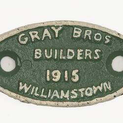 Rollingstock Builders Plate - Gray Bros., Williamstown, 1915