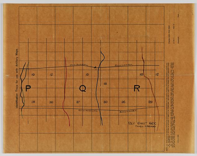 Brown map on tracing paper with black lettering and coloured hand drawn lines.