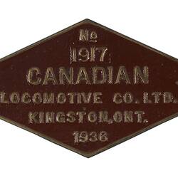 Locomotive Builders Plate - Canadian Locomotive Co. Ltd, Kingston, Canada, 1936