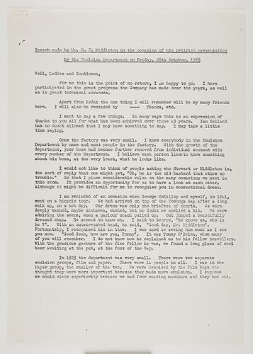 Manuscript - Kodak Australasia Pty Ltd, Retirement Speech Made by S.P. Middleton, Kodak factory, Coburg, 28 October 1966, Page 1