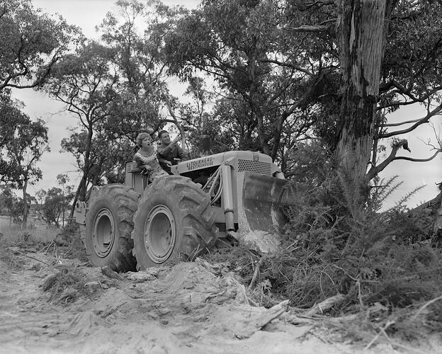 Paynes Properties, Man and Woman with Tractor Plow, Blackburn, Victoria, Feb 1959