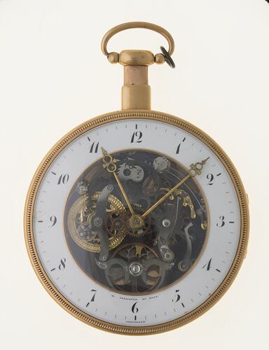Pocket watch, white ring on dial has Arabic numerals. Central circle clear to show movement.