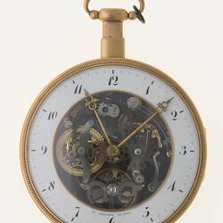 Pocket watch, white ring on dial has Arabic numerals. Central circle clear to show movement.