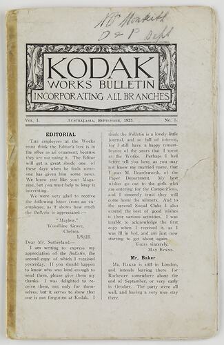 Bulletin - Kodak Australasia Pty Ltd, 'Kodak Works Bulletin', Vol 1, No 5, Sep 1923, Page 1, Front Cover