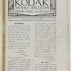Bulletin - Kodak Australasia Pty Ltd, 'Kodak Works Bulletin', Vol 1, No 5, Sep 1923, Page 1, Front Cover