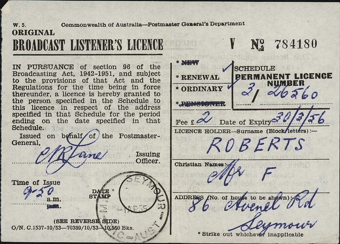 Broadcast Listener's Licence - Commonwealth of Australia, Postmaster General's Department, Mar 1955