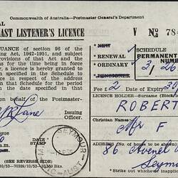 Broadcast Listener's Licence - Frederick & Amelia Roberts, Commonwealth of Australia, Postmaster General's Department, Mar 1955