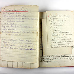 Pages of handwritten recipe book, some loose.