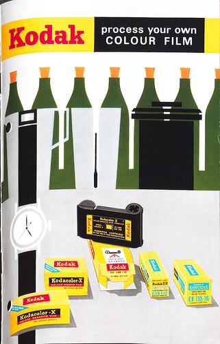 Cover white page with green bottles, wrist watch, black camera film and yellow rectangular boxes.