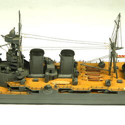 Naval ship with two masts, detail of centre of deck.