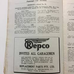 White catalogue page with black printed text and Repco car advertisement.